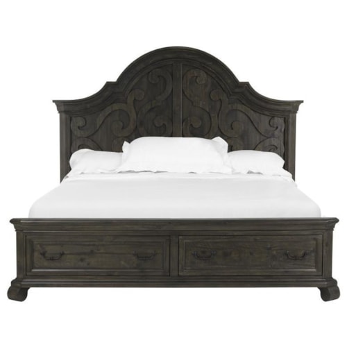 Queen Panel Storage Bed with an Ornate Curved Headboard