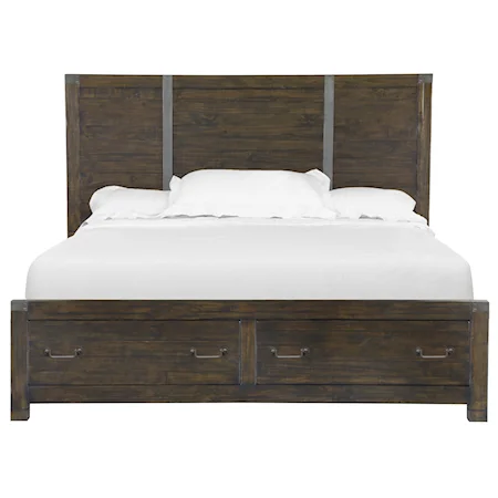 Transitional Rustic Queen Panel Bed with Storage Footboard