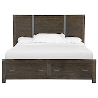 Transitional Rustic Queen Panel Bed with Storage Footboard