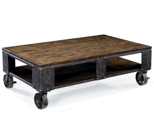 Rustic Industrial Rectangular Cocktail Table with Wheel Feet