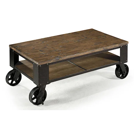 Rustic Industrial Rectangular Starter Cocktail Table with Rustic Iron Wheel Base