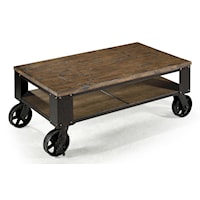 Rustic Industrial Rectangular Starter Cocktail Table with Rustic Iron Wheel Base