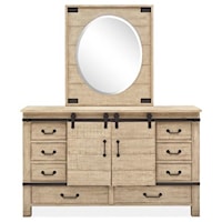 Farmhouse Barn Door Dresser with Oval Portrait Mirror