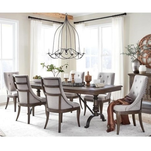 Traditional 7-Piece Dining Table and Chair Set with 20" Removable Leaf and Upholstered Seating