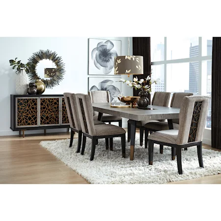 Transitional 8-Piece Formal Dining Group with Upholstered Chairs and Server Cabinet