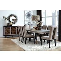Transitional 8-Piece Formal Dining Group with Upholstered Chairs and Server Cabinet