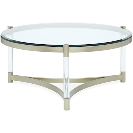 Transitional Round Glass Cocktail Table with Clear Acrylic Legs