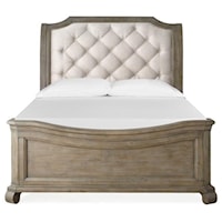 Cottage Style Queen Upholstered Sleigh Bed with Shaped Footboard