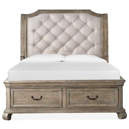 Cottage Style King Sleigh Upholstered Bed with Footboard Storage