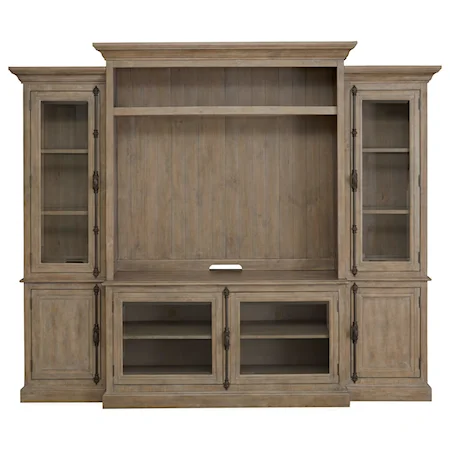 Relaxed Vintage Entertainment Wall Unit with Glass Doors and 3-Way Touch Lighting