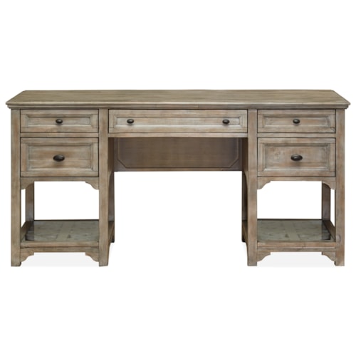 Farmhouse Double Pedestal Desk with Glass-Framed Scroll Fretwork Detail