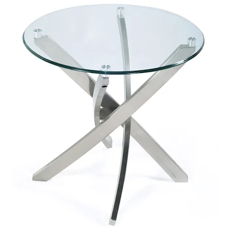 Contemporary Round End Table with Strut Base and Tempered Glass Top