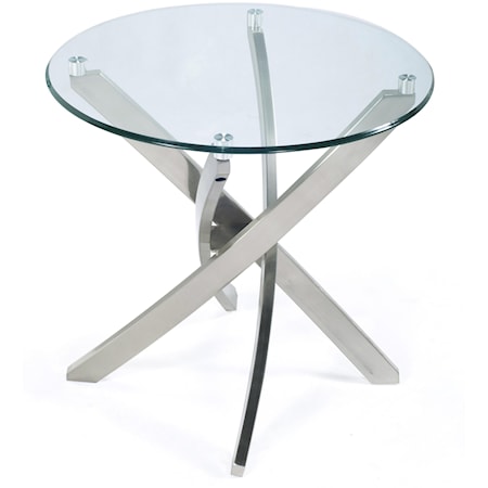 Contemporary Round End Table with Strut Base and Tempered Glass Top