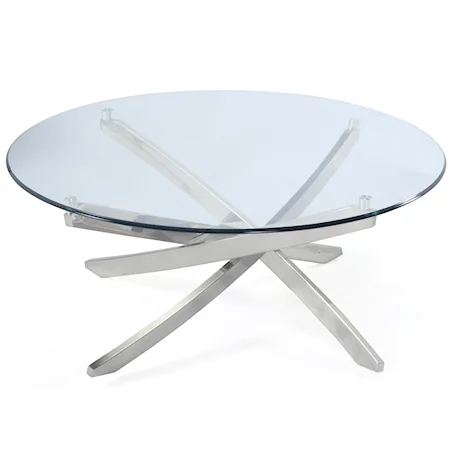 Contemporary Round Cocktail Table with Strut Base and Tempered Glass Top
