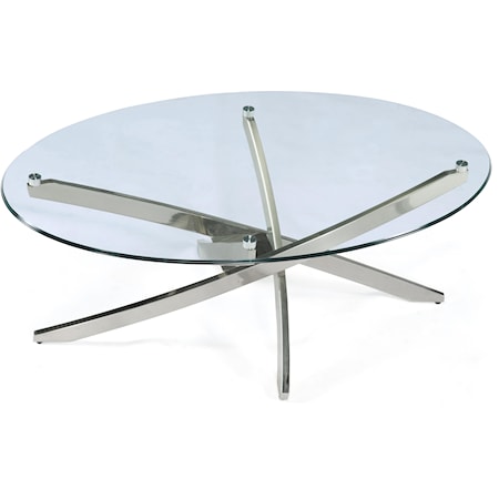 Contemporary Oval Cocktail Table with Strut Base and Tempered Glass Top