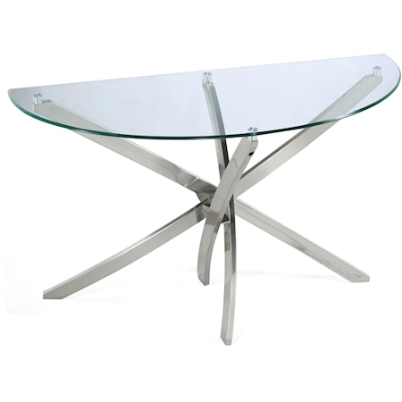 Contemporary Demilune Sofa Table with Strut Base and Tempered Glass Top