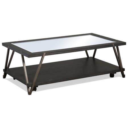 Industrial Rectangular Glass Top Cocktail Table with Casters