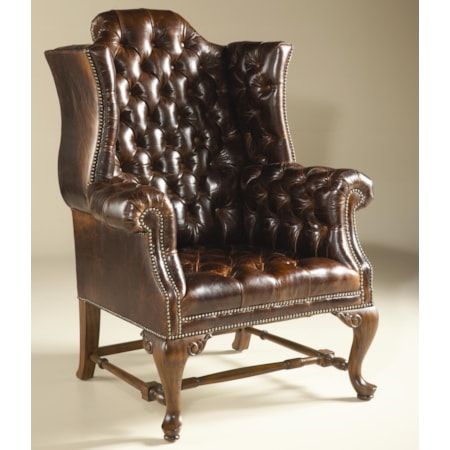 Napoleon Brown Finished Occasional Wing Chair w/ Tufted Dragon Croc Leather Upholstery