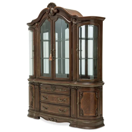 Traditional China Hutch with 3 Drawers and a Velvet Silverware Tray