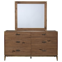 Mid-Century Modern 6-Drawer Dresser and Mirror with Bronze Brass Corner Brackets