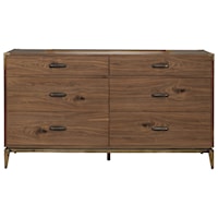 Mid-Century Modern 6-Drawer Dresser with Bronze Brass Corner Brackets