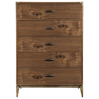 Mid-Century Modern 5-Drawer Bedroom Chest with Bronze Brass Corner Brackets