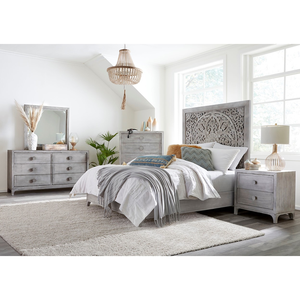 Modus International Boho Chic California King Platform Bed in Washed White