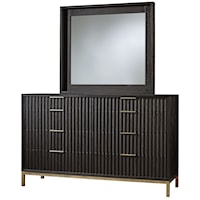 Contemporary 8-Drawer Dresser and Mirror in Wire Brushed Black Oak