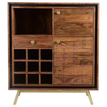 Mid Century Modern Solid Wood Bar Cabinet with Wine Bottle Storage and Brass Trim