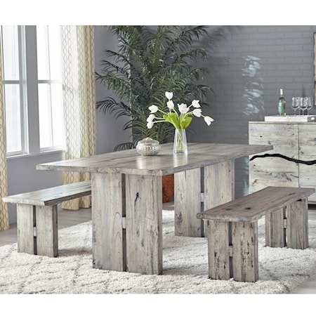 Rustic Dining Set with Table & 2 Benches