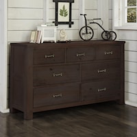 Transitional 7 Drawer Dresser with Driftwood Finish and Dark Metal Drawer Pulls