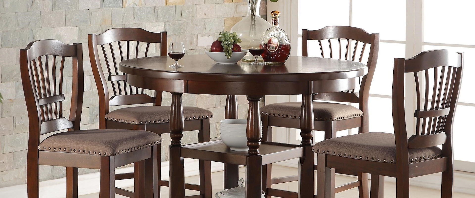 5 Piece Round Counter Table Set with Storage Shelves