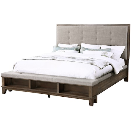 Transitional Upholstered California King Bed with Footboard Storage