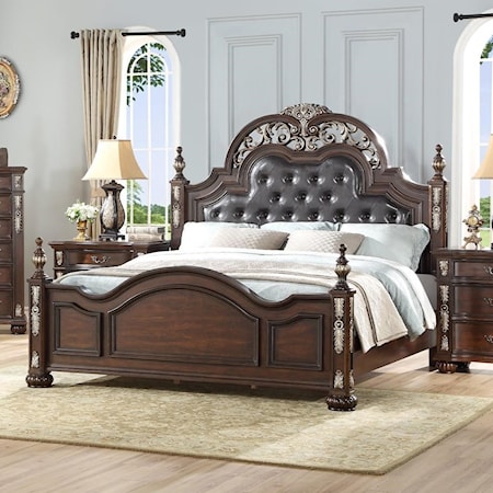 Queen Poster Bed with Upholstered Headboard