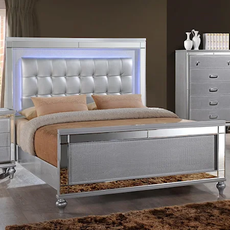 Queen Bed with Tufted Upholstered Headboard and LED Lighting