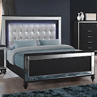California King Bed with Tufted Upholstered Headboard and LED Lighting