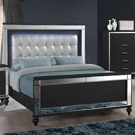 King Bed with Tufted Upholstered Headboard and LED Lighting