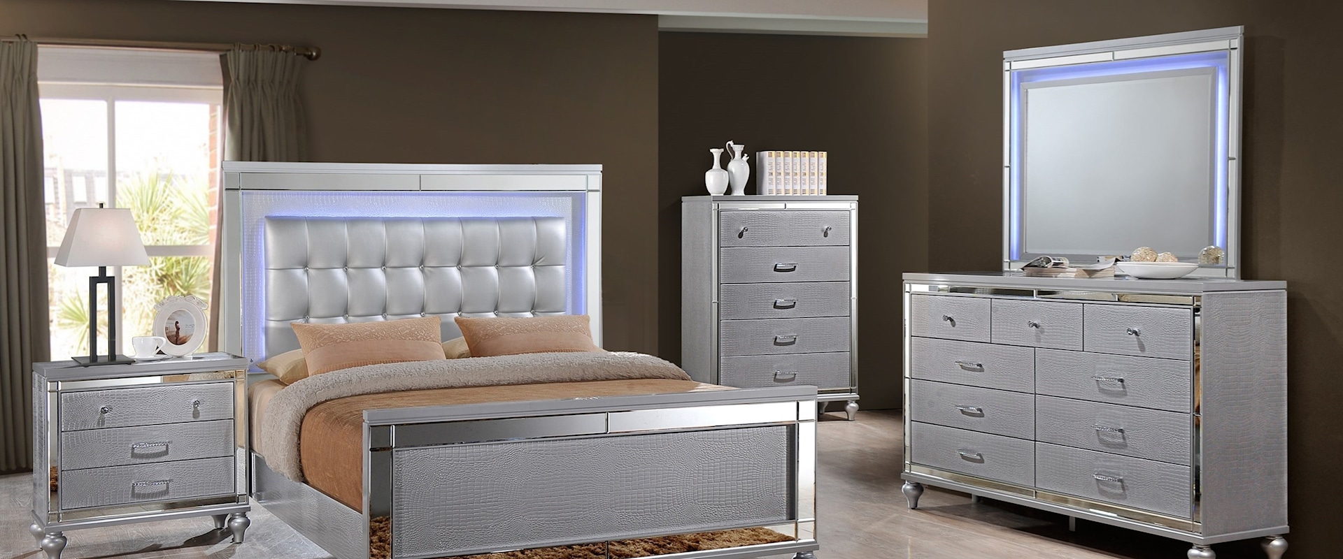 King LED Bed + Dresser + LED Mirror + 1 Nightstand
