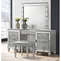 Vanity, Lighted Mirror, and Stool Set