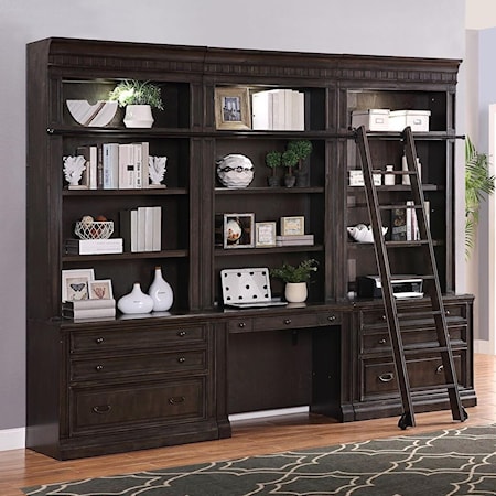 Bookcase Wall Unit with Desk and Sliding Ladder