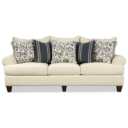Transitional 100 Inch Sofa with Rolled Arms and Toss Pillows