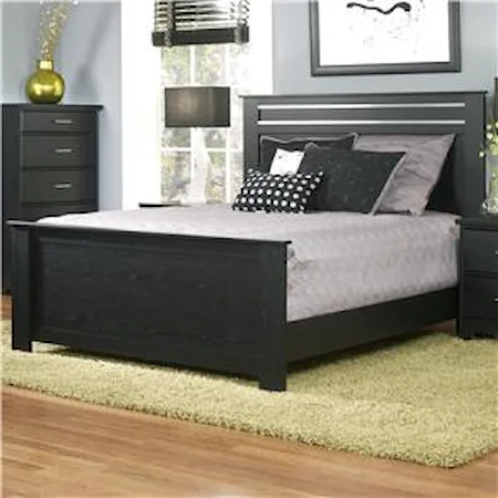 Casual Queen Bed with Chrome Accents and a Black Woodgrain Finish