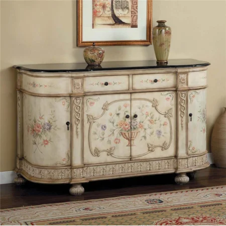 Curved End Antique White & Floral Hand Painted Console Cabinet