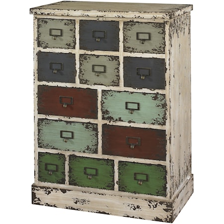 Distressed White Cabinet with 13 Multicolored Drawers