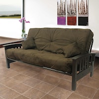 Decorative Fremont Futon with Tufted Cushions and Slanted Wood Arms
