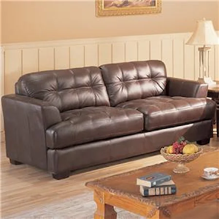 Leather Sofa with Button Tufted Back & Exposed Wood Legs
