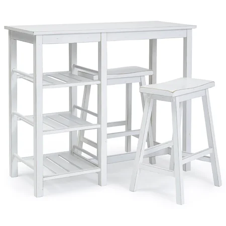Vintage Farmhouse Distressed White Storage Counter Table With 2 Stools