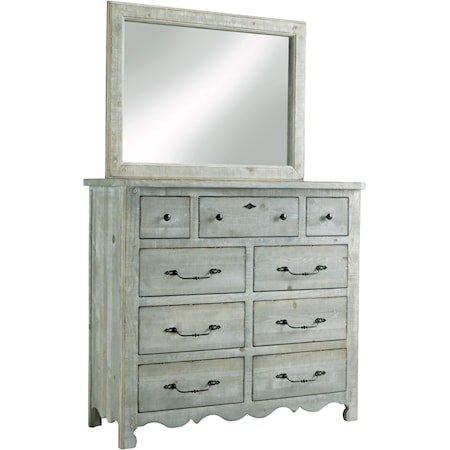 Cottage Distressed Pine 9-Drawer Dresser and Mirror Set