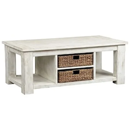 Farmhouse Rectangular Cocktail Table with Seagrass Baskets