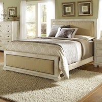 King Upholstered Bed with Distressed Pine Frame